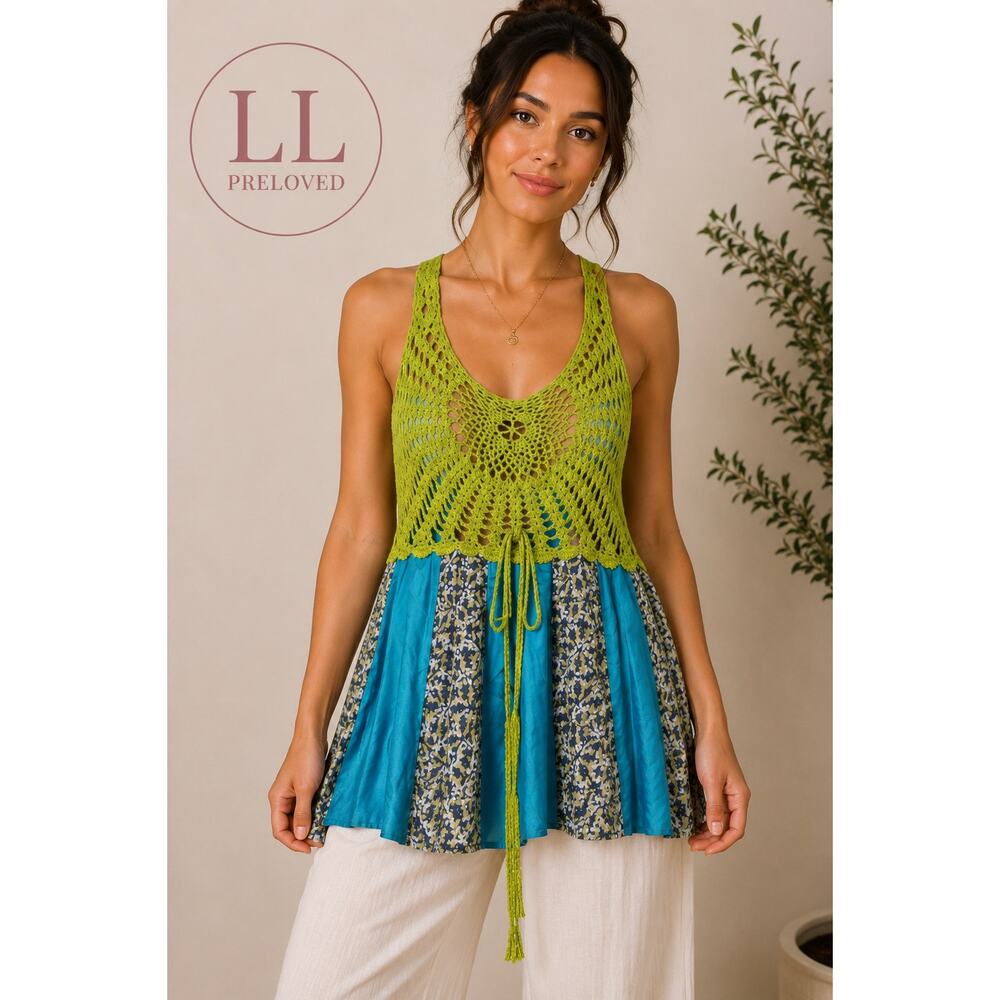 Freeâ People Crochet Silk Maxi Dress Womenâs M/L Boho Patchwork Sleeveless Dress